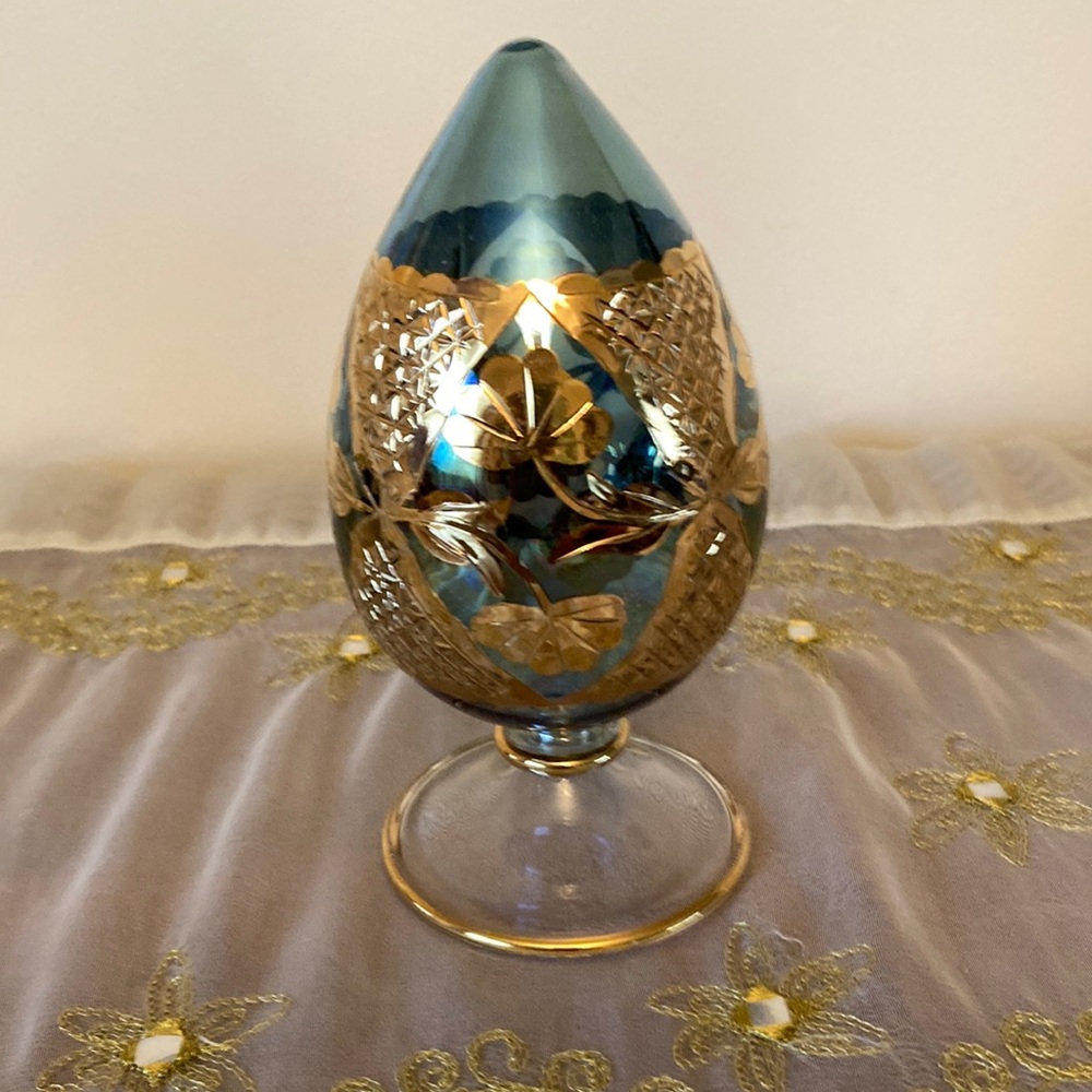 Vintage Egyptian Hand Blown Glass Egg Shaped Gold Etched Pattern Teal Color